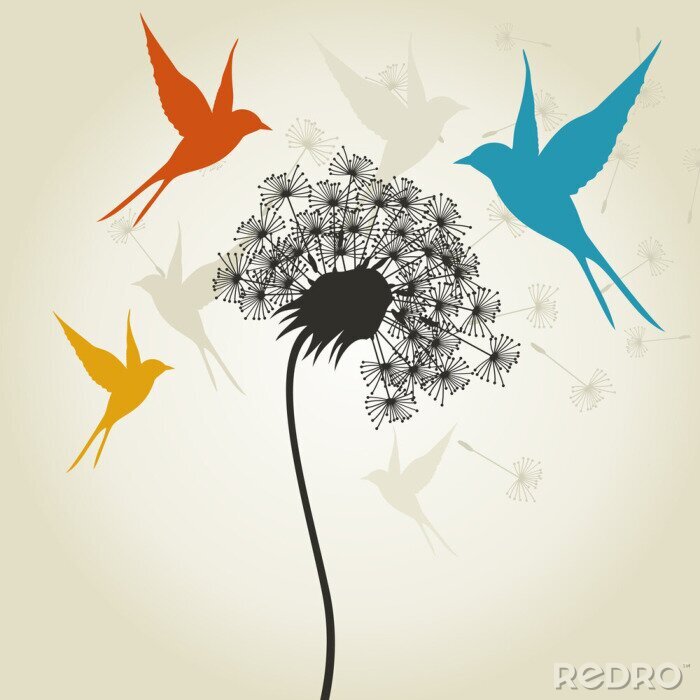 Bild Pusteblume und bunte Vögel