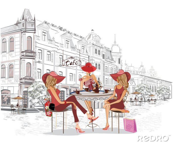 Bild Reihe der Straßencafés mit Leuten, Männern und Frauen, in der alten Stadt, Vektorillustration. Kellner servieren die Tische.