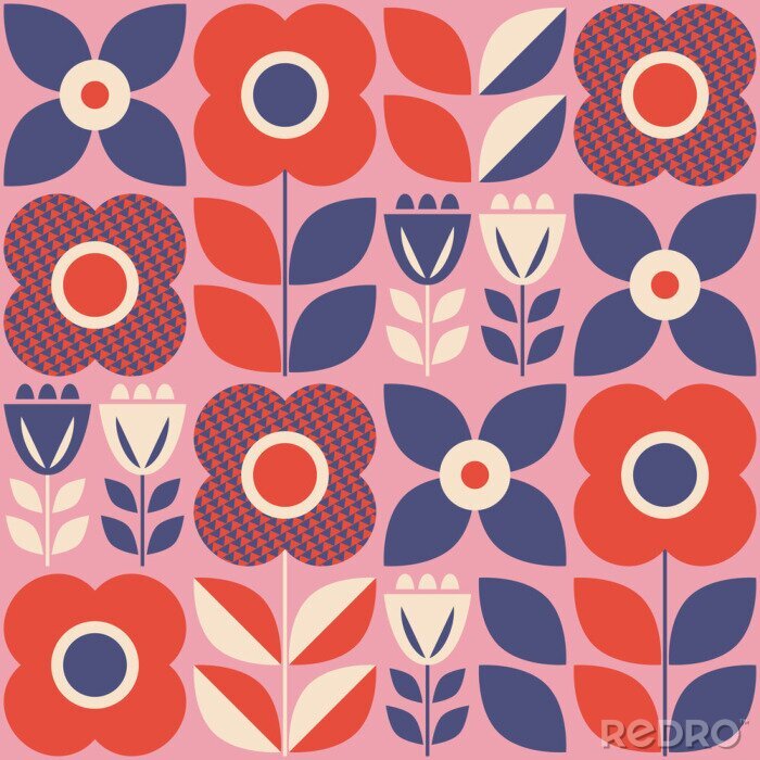 Bild Retro rote und blaue Blumen im skandinavischen Stil
