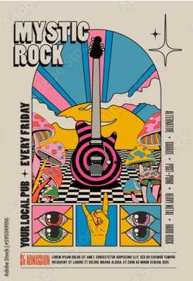 Bild Retro vintage styled psychedelic rock music concert or festival or party flyer or poster design template with electric guitar surrounded by mushrooms with sunset on background. Vector illustration