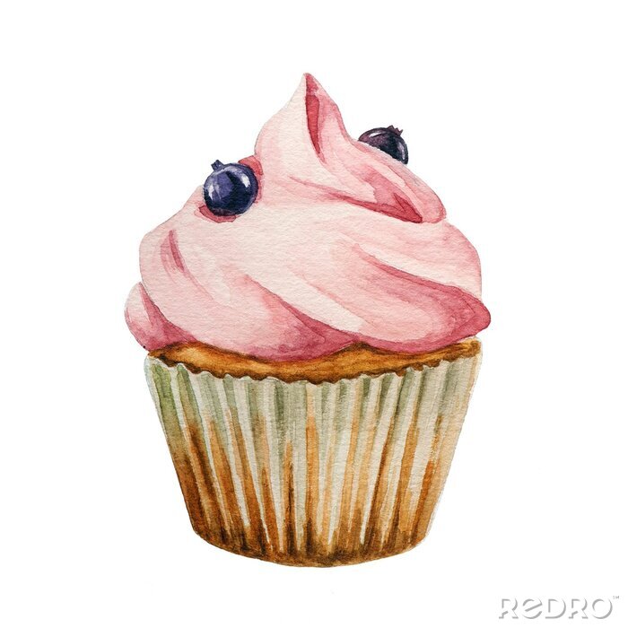 Bild Rosa Beerenmuffin mit Aquarellfarben gezeichnet