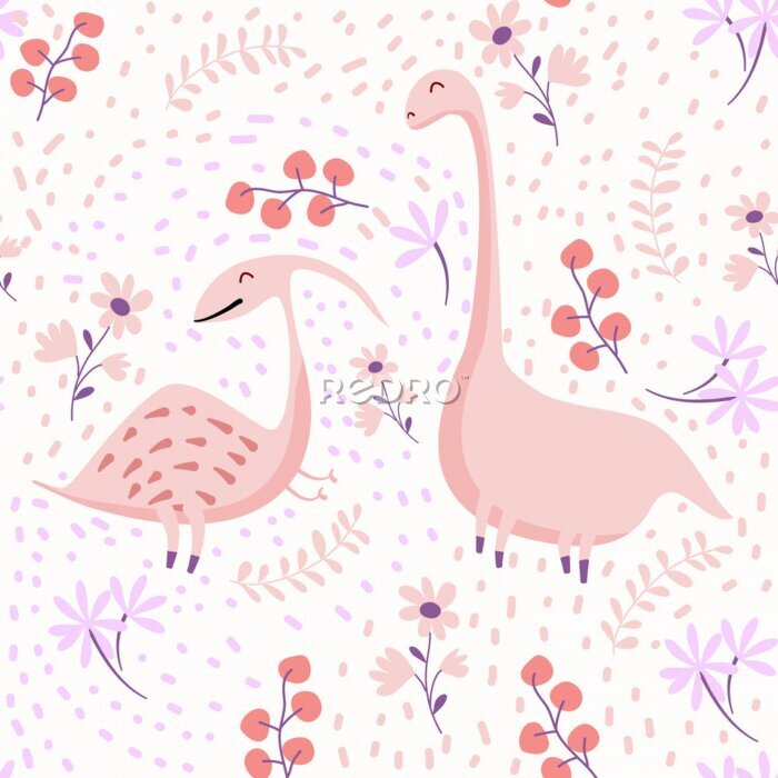 Bild Rosa Dinosaurier auf floralem Hintergrund