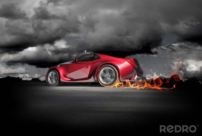 Bild Rotes Auto in Rauchwolken