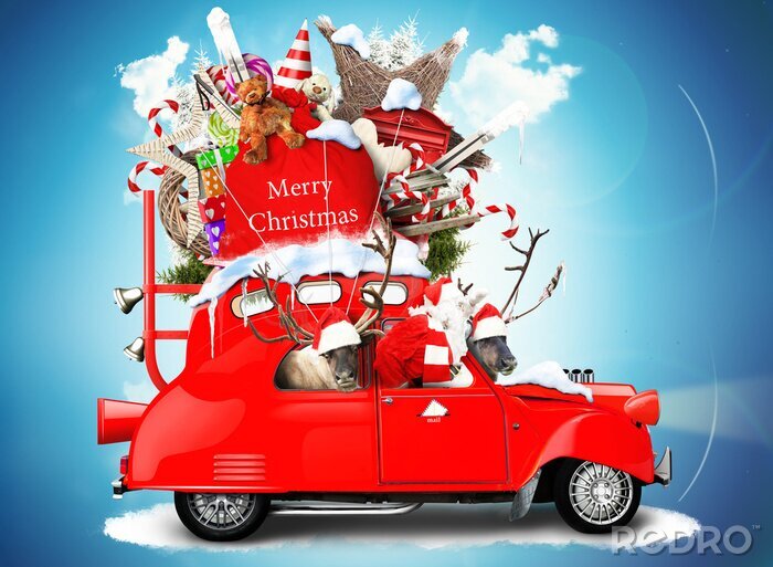 Bild Rotes Auto und Weihnachtsmann