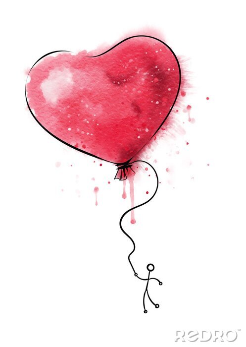 Bild Rotes Herzballonsymbol der Liebe mit Person flyin auf ihm, Aquarell.