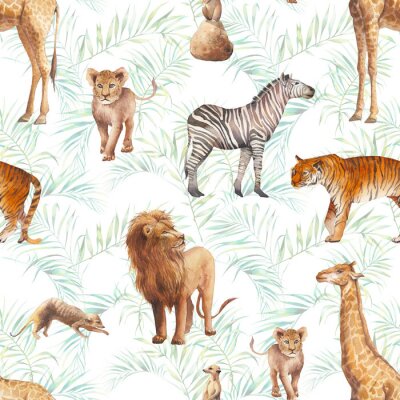 Safaritiere und Palmblätter