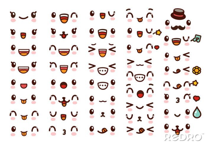 Bild Sammlung von niedlichen schönen kawaii Emoticon emoji Doodle Cartoon Gesicht, Lächeln, glücklich, Wink, aufgeregt, schläfrig, chill, Kuss, verrückt, süß in kindlichen Manga Cartoon-Stil - Vektor-Datei
