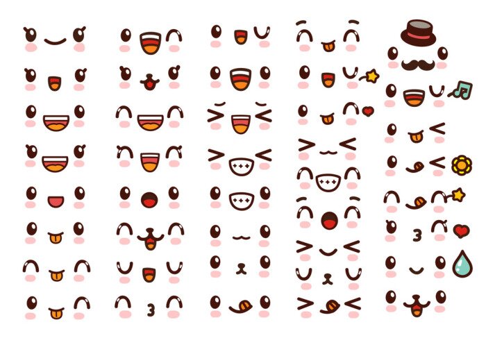 Bild Sammlung von niedlichen schönen kawaii Emoticon emoji Doodle Cartoon Gesicht, Lächeln, glücklich, Wink, aufgeregt, schläfrig, chill, Kuss, verrückt, süß in kindlichen Manga Cartoon-Stil - Vektor-Datei