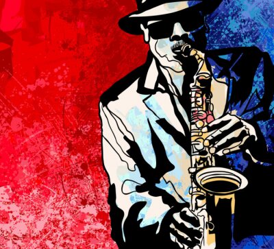 Saxophonist vor dem Hintergrund einer rot-dunkelblauen Wand