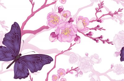 Schmetterling auf einer rosa Blume mit Zweigen