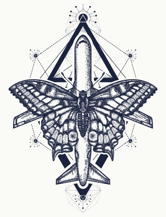 Bild Schmetterling und Flugzeug Tattoo, Symbol für Tourismus, Reisen, Traum, Urlaub, Freiheit, Flug, Abenteuer, Motivationen, Lebensstil. Schöner Schmetterling und Start-Flugzeug T-Shirt Design