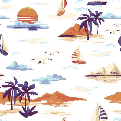 Schönes nahtloses Inselmuster der Weinlese auf weißem Hintergrund. Landschaft mit Palmen, Yacht, Strand und Ozeanvektor handgezeichneten Stil