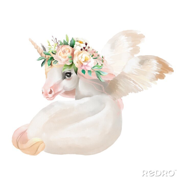 Bild Schönes, nettes, träumendes Einhorn des Aquarells, Pegasus mit Flügeln und Blumen, Blumenkrone, Blumenstrauß lokalisiert auf Weiß
