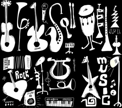 Schwarz-Weiß-Illustration mit Instrumenten