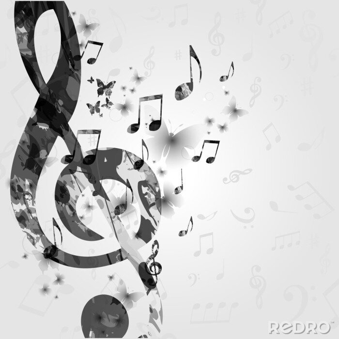 Bild Schwarz-weiße Noten und Schmetterlinge