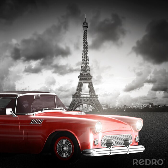 Bild Schwarz-weißer Eiffelturm und rotes Auto