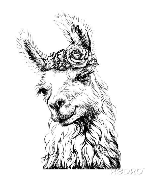 Bild Schwarz-weißes Lama mit einer Girlande auf dem Kopf