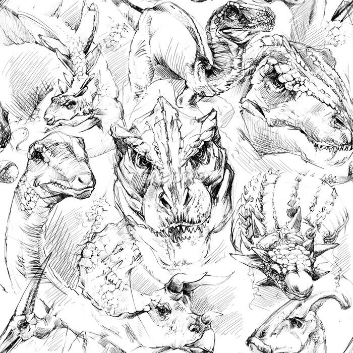 Bild Schwarz-weißes Muster mit Dinosauriern