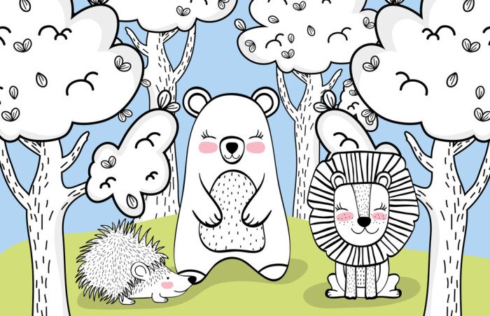 Bild Schwarze und weiße Tiere auf einer grünen Lichtung