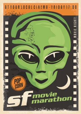 Bild Science fiction movie night retro poster design with alien and film strip on dark background. Cinema event vintage flyer. 