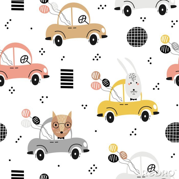 Bild Seamless baby pattern with cute fox, rabbit in the car. Creative kids texture for fabric, textile, wallpaper, and wrapping. Vector illustration