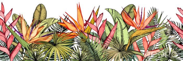Bild Seamless border with tropical palm leaves, exotic heliconia and strelitzia flowers.