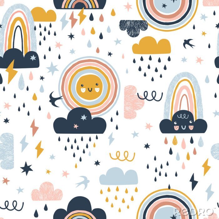 Bild Seamless cute pattern with hand drawn rainbows, rain drops, clouds sun and martlets. Creative scandinavian childish background for fabric, wrapping, textile, wallpaper, apparel. Vector illustration