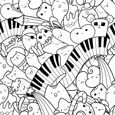 Bild Seamless doodles pattern with musical instrument.  Piano keys with kawaii creatures, cute monsters and animals. Pattern for coloring page or design print. Easy to change color inside of objects.