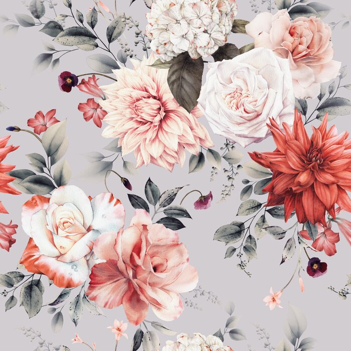 Bild Seamless floral pattern with flowers on summer background, watercolor illustration. Template design for textiles, interior, clothes, wallpaper