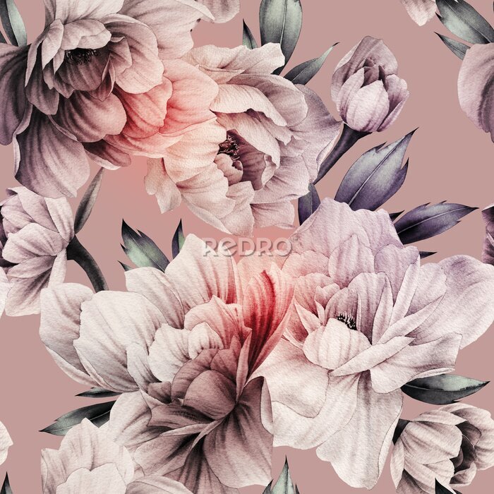 Bild Seamless floral pattern with peonies flowers on summer background, watercolor illustration. Template design for textiles, interior, clothes, wallpaper