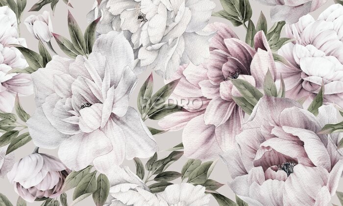 Bild Seamless floral pattern with peonies on summer background, watercolor illustration. Template design for textiles, interior, clothes, wallpaper