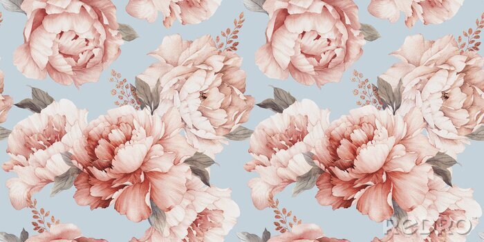 Bild Seamless floral pattern with peony flowers on summer background, watercolor. Template design for textiles, interior, clothes, wallpaper. Botanical art