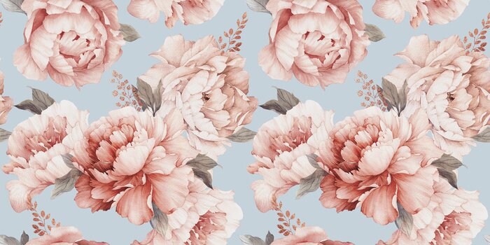 Bild Seamless floral pattern with peony flowers on summer background, watercolor. Template design for textiles, interior, clothes, wallpaper. Botanical art