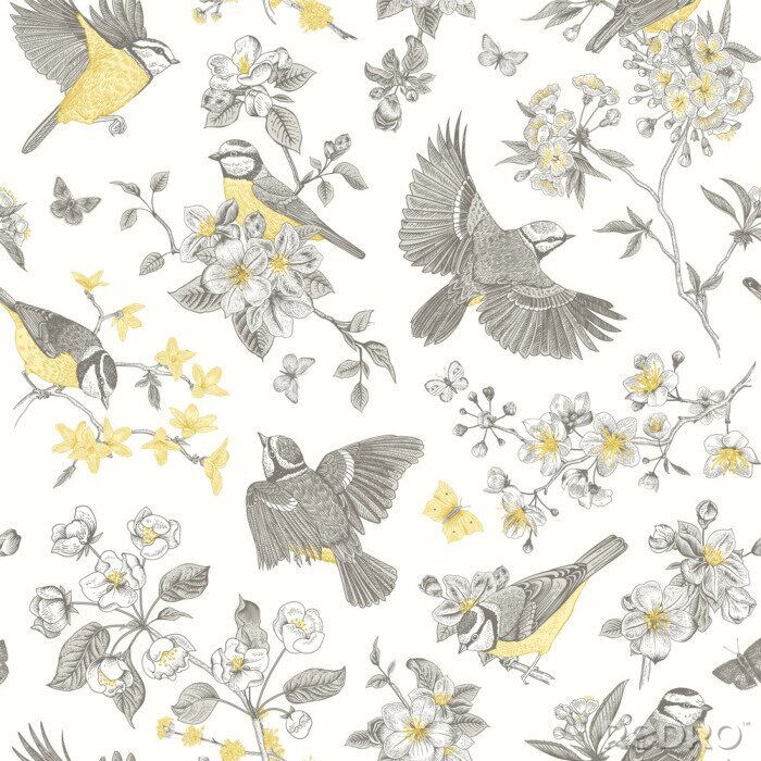 Bild Seamless pattern. Classis vintage illustration. Blossom garden with tits. Birds and flowers. Yellow and gray