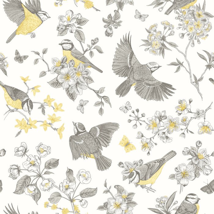 Bild Seamless pattern. Classis vintage illustration. Blossom garden with tits. Birds and flowers. Yellow and gray