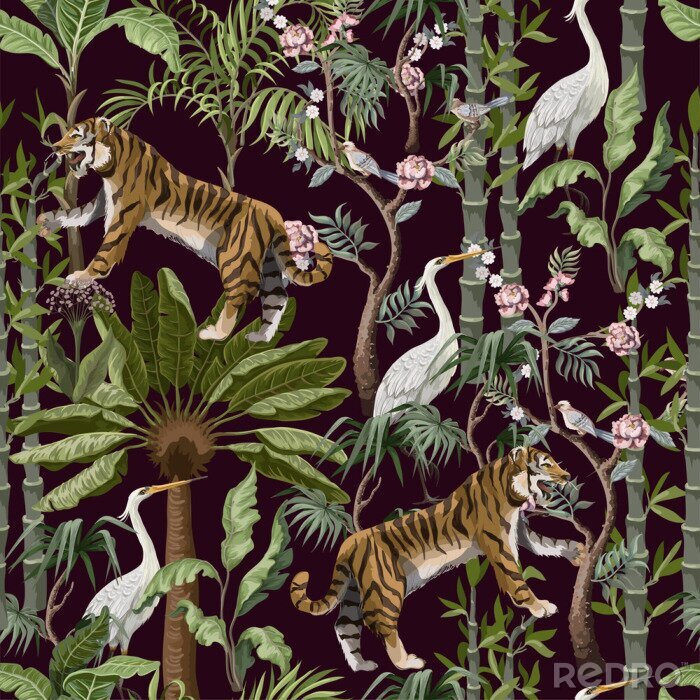 Bild Seamless pattern in chinoiserie style with tiger, heron and jungle trees.