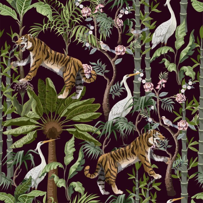 Bild Seamless pattern in chinoiserie style with tiger, heron and jungle trees.