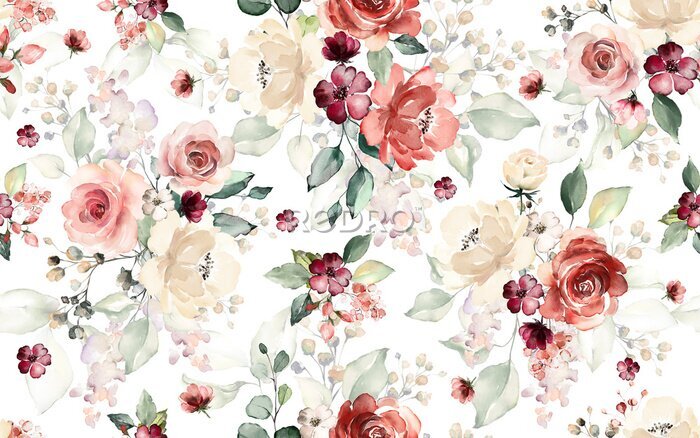 Bild Seamless pattern with flowers and leaves. Hand drawn background.  floral pattern for wallpaper or fabric. Flower rose. Botanic Tile.