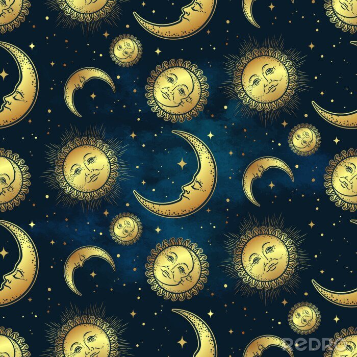 Bild Seamless pattern with gold celestial bodies - moon, sun and stars over blue night sky background. Boho chic fabric print, wrapping paper or textile design hand drawn vector illustration.