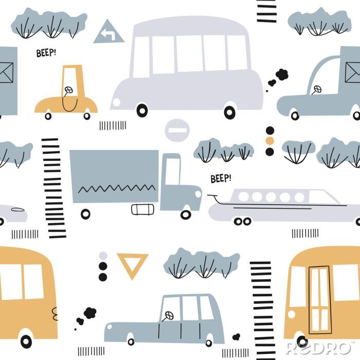 Bild Seamless pattern with hand drawn cute car. Perfect for kids fabric,textile,nursery wallpaper.