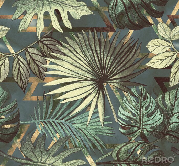 Bild Seamless pattern with tropical leaves and  geometric shapes. Tropical  background.