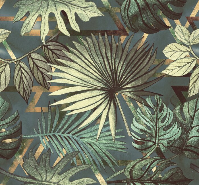 Bild Seamless pattern with tropical leaves and  geometric shapes. Tropical  background.