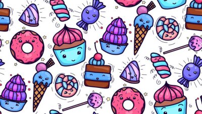 Bild Seamless texture with cute, kawai sweets and confection on white background. Vector pattern for textiles, fabrics, wrapping paper, cards and for your design