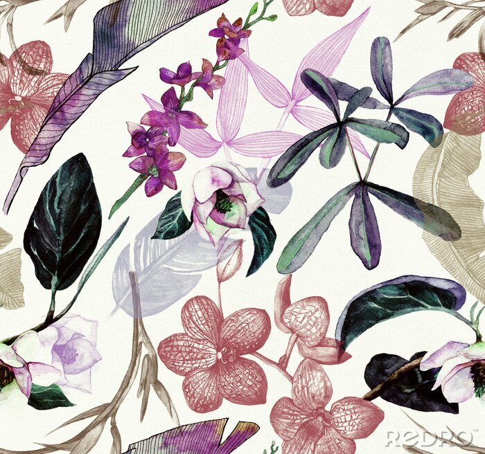 Bild Seamless watercolor pattern with tropical flowers, magnolia, orange flower, vanilla orchid, tropical leaves, banana leaves