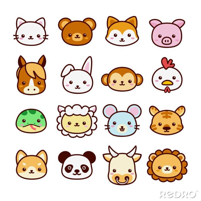 Bild Set of cute and kawaii 16 animal signs. Flat cartoon vector isolated on white background.