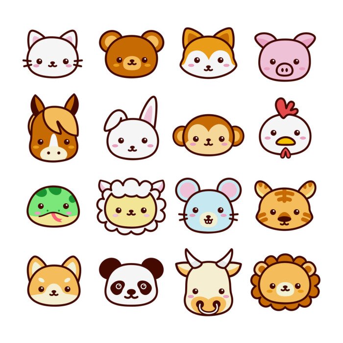 Bild Set of cute and kawaii 16 animal signs. Flat cartoon vector isolated on white background.