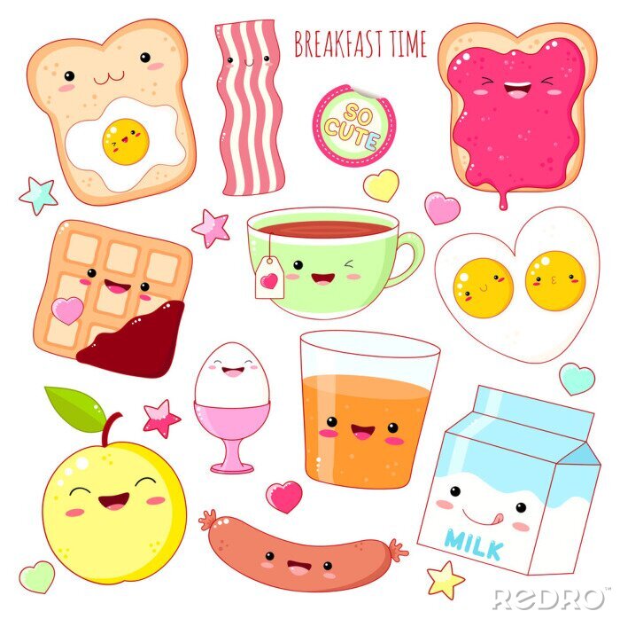 Bild Set of cute breakfast food  icons in kawaii style