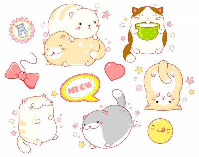 Set of cute cats in kawaii style