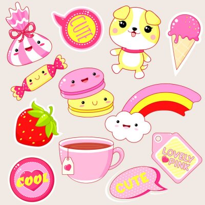 Set of cute icons in kawaii style