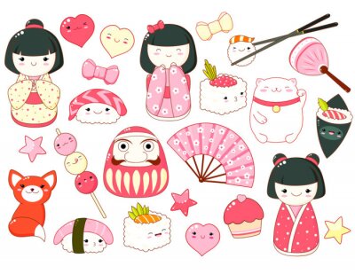 Set of cute icons in kawaii style